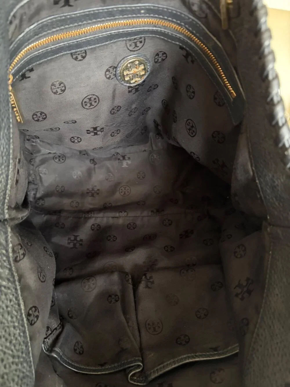 Tory Burch Marion Bag Whipstitch Trim Gold Chain Pebbled Black Shoulder Leather - Picture 8 of 13